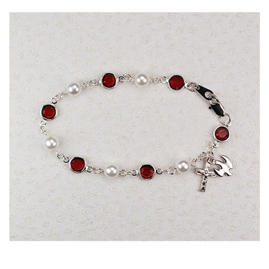 RED AUSTRIAN STONES & PEARL BRACELET 7-1/2" BR269D