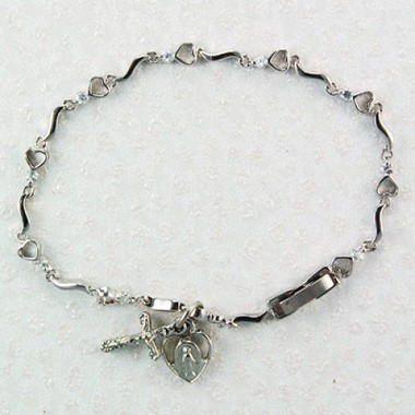FINE QUALITY RHODIUM PLATED HEARTS & CUBIC ZIRCONIA STONES ADULT BRACELET BR315
