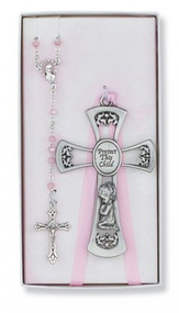 CHILDREN'S PINK CRIB CROSS & ROSARY SET BS10