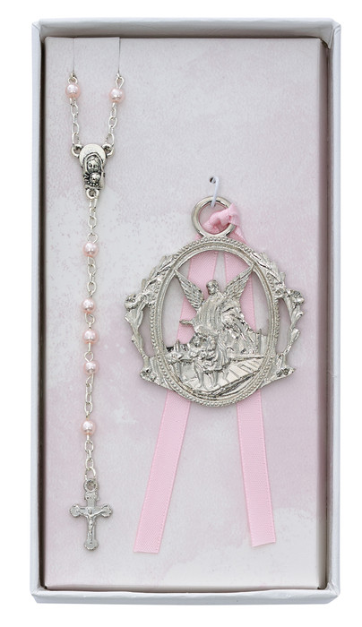 Silver Children's Guardian Angel Crib Cross & Rosary Set