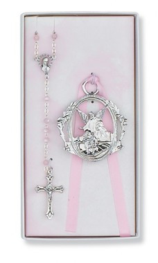 CHILDREN'S PINK CRIB CROSS & ROSARY SET BS17