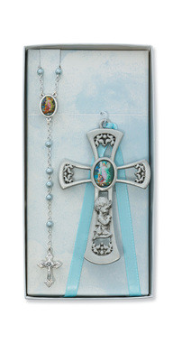 CHILDREN'S BLUE CRIB CROSS & ROSARY SET BS35