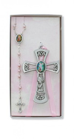 CHILDREN'S PINK CRIB CROSS & ROSARY SET BS36