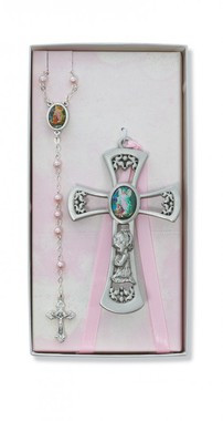 CHILDREN'S PINK CRIB CROSS & ROSARY SET BS36