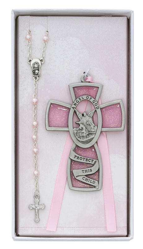 Iridescent Guardian Angel Crib Cross & Rosary Set