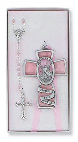 CHILDREN'S PINK CRIB CROSS & ROSARY SET BS8