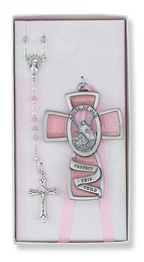 CHILDREN'S PINK CRIB CROSS & ROSARY SET BS8