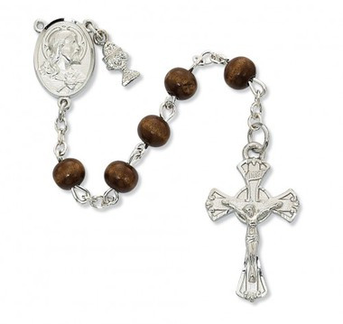 FIRST COMMUNION BROWN WOOD ROSARY 6MM C67RB