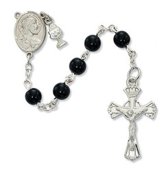 FIRST COMMUNION BLACK GLASS ROSARY 6MM C72RB