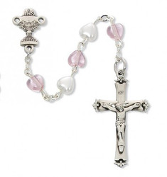 FIRST COMMUNION WHITE & PINK HEART ROSARY C81LW
