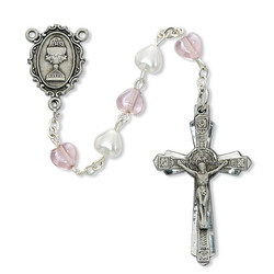 FIRST COMMUNION PINK & PEARL HEART PEWTER ROSARY C86DW