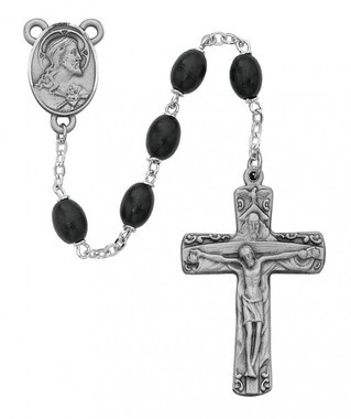 BLACK WOOD TRINITY CROSS ROSARY 6X8MM R392D-BK/F