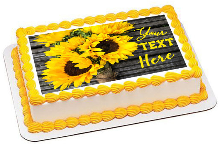 Yellow Sunflower Bouquet on Wooden Rustic Edible Birthday Cake Topper