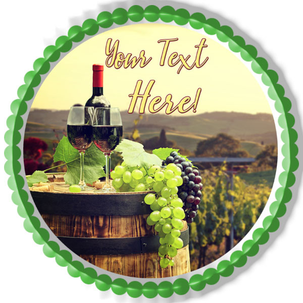Red Wine with Barrel on Vineyard Edible Cake Topper
