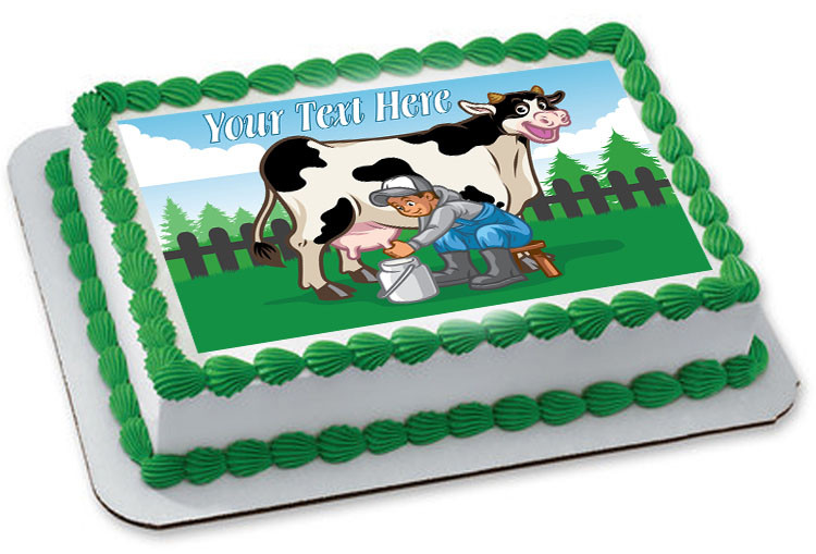 Happy Cow Illustration While The Farmer Milking Edible Birthday