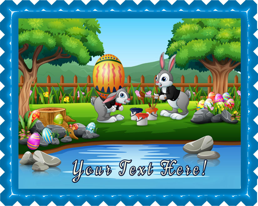 Happy Bunnies Painting A Large Easter Egg Edible Birthday Cake Topper