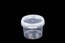 120ml Crystal Clear pot with resealable lid, Material: Polypropylene, Food friendly, tamper proof, 100% leak proof, Microwave, dishwasher and freezer safe.  