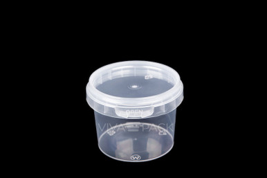 120ml Crystal Clear pot with resealable lid, Material: Polypropylene, Food friendly, tamper proof, 100% leak proof, Microwave, dishwasher and freezer safe.  