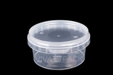 180ml Crystal Clear pot with resealable lid, Material: Polypropylene, Food friendly, tamper proof, 100% leak proof, Microwave, dishwasher and freezer safe.  