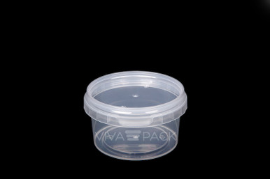 210ml Crystal Clear pot with resealable lid, Material: Polypropylene, Food friendly, tamper proof, 100% leak proof, Microwave, dishwasher and freezer safe.  