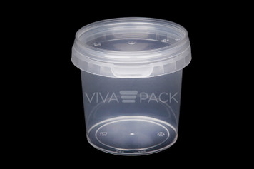 365ml Crystal Clear pot with resealable lid, Material: Polypropylene, Food friendly, tamper proof, 100% leak proof, Microwave, dishwasher and freezer safe.  