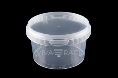 480ml Crystal Clear pot with resealable lid, Material: Polypropylene, Food friendly, tamper proof, 100% leak proof, Microwave, dishwasher and freezer safe.  