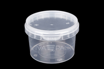 565ml Crystal Clear pot with resealable lid, Material: Polypropylene, Food friendly, tamper proof, 100% leak proof, Microwave, dishwasher and freezer safe.  