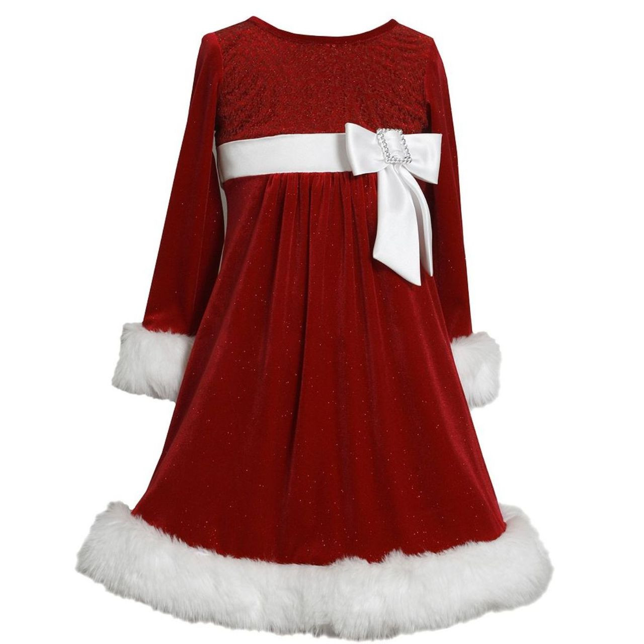 Bonnie Jean Stretch Velvet to Glitter Flock Drop Waist Holiday Girls Dress