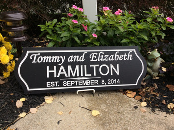WEDDING and/or ANNIVERSARY SIGN

A sign that is perfect for weddings & anniversaries. Each sign is personalized with first names, last name and wedding date. The standard color is black background with white text. It comes with rear saw tooth hangers for easy installation.