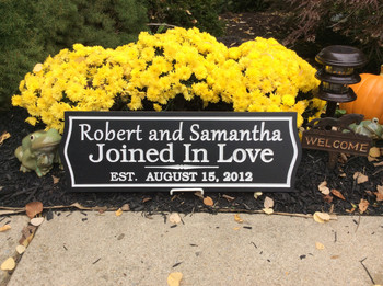 WEDDING and/or ANNIVERSARY SIGN

A sign that is perfect for weddings & anniversaries. Each sign is personalized with first names, last name and wedding date. The standard color is black background with white text. It comes with rear saw tooth hangers for easy installation.