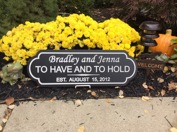 WEDDING and/or ANNIVERSARY SIGN

A sign that is perfect for weddings & anniversaries. Each sign is personalized with first names, last name and wedding date. The standard color is black background with white text. It comes with rear saw tooth hangers for easy installation.