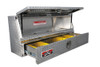 Westin Brute Slant Front Diamond Plate Aluminum Topsider With Drawers Truck Tool Box - Model 48 with one door and one drawer showing movable organizers