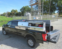 Westin Brute Slant Front Diamond Plate Aluminum Topsider With Drawers Truck Tool Box - 90 inch model in brite aluminum with two doors and two drawers.  Chest toolbox on tailgate and tools inside toolbox are NOT included.