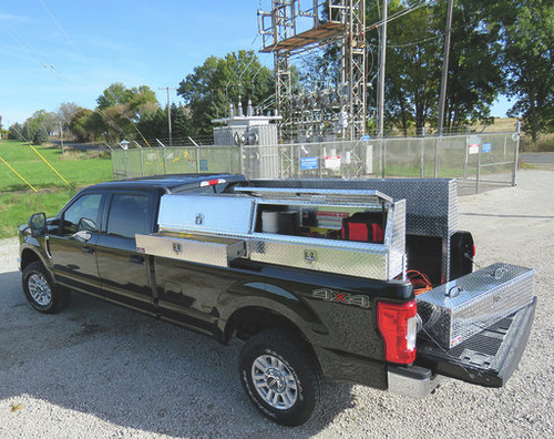 Westin Brute Slant Front Diamond Plate Aluminum Topsider With Drawers Truck Tool Box - 90 inch model in brite aluminum with two doors and two drawers.  Chest toolbox on tailgate and tools inside toolbox are NOT included.