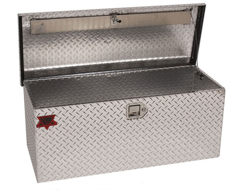 ATV RV Trailer Truck Camping Tote Toolbox in brite aluminum showing cable support.  Gas strut can be added as an option at checkout