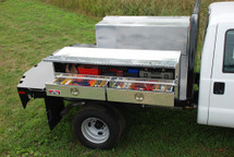 Brute High Capacity Flat Bed Stake Bed Topsider Truck Tool Box With Drawers shown mounted to flat bed 