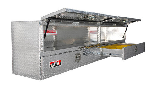 Brute High Capacity Flat Bed Stake Bed Topsider Truck Tool Box With Drawers - 96 inch model shown in brite aluminum