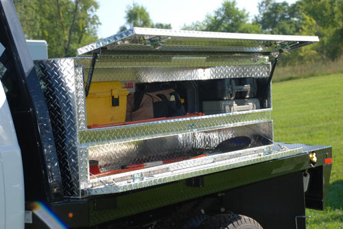 Brute High Capacity Flat Bed Stake Bed Topsider Truck Tool Box With Doors leaves plenty of room on the flatbed for hauling other equipment & supplies (tools shown not included)