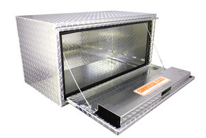 Brute drop down door toolbox features stainless steel cable supports &  a protective lock channel 