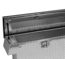 Narrow Low Profile Crossover Diamond Plate Toolbox showing locking paddle latch, gas strut, reinforced lid brace & end storage shelf 