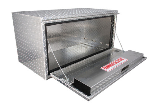 All four models of our Westin Brute Heavy Duty 14 Inch Drop Down Door Under Body Tool Boxes are fabricated with heavy duty .100 thick aluminum and feature heavy duty cable lid supports and a rain gutter.