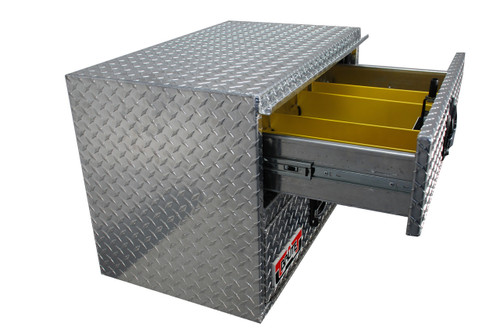 Brute Heavy Duty Under Body Tool Boxes With Top Drawer and Bottom Compartment features a top drawer with adjustable dividers and folding, locking stainless steel handles and a rain gutter