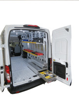Brute Ford Transit Van Aluminum Folding Shelving can be made even more functional by adding some of our BedSafe rolling drawer toolboxes.  Create a modular design that works for your needs among several sizes/styles. (Toolboxes and items on shelves NOT INCLUDED in this listing.)