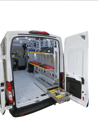 Brute Ford Transit Van Aluminum Folding Shelving can be made even more functional by adding some of our BedSafe rolling drawer toolboxes.  Create a modular design that works for your needs among several sizes/styles. (Toolboxes and items on shelves NOT INCLUDED in this listing.)