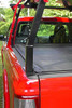 Closeup of standard configuration stake pocket ladder rack mounted with a tonneau cover (NOT included)