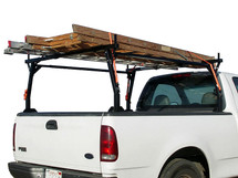 Standard configuration stake pocket ladder rack carrying two ladders (tie down straps and ladders NOT included.