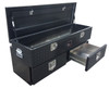 Diamond Plate 2-Drawer Tonneau Cover Tailgate Offset Chest Utility Toolbox has two lower storage drawers and a spacious top chest storage area with an offset lid, shown here in optional black powder coat finish. May also be used on flat beds and in some SUV's & Mini Vans, depending on the cargo area.