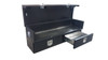Black powder coat Diamond Plate 2-Drawer Tonneau Cover Fully Open Tailgate Toolbox features two lower drawers and a top storage area that fully opens to reveal a large cargo area for sliding longer tools & equipment in easily.  Designed for use underneath tonneau covers, but may  also be used on flat beds as well as some mini vans & SUV's depending on the cargo space.