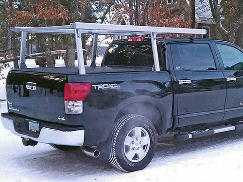 Galleon Aluminum Overhead Stake Pocket Truck Ladder Rack shown mounted with a tonneau cover - Standard Model