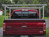 Galleon Aluminum Overhead Stake Pocket Truck Ladder Rack shown in the extra wide model with straight legs mounted to a Ford F150 with a sectional tonneau cover.